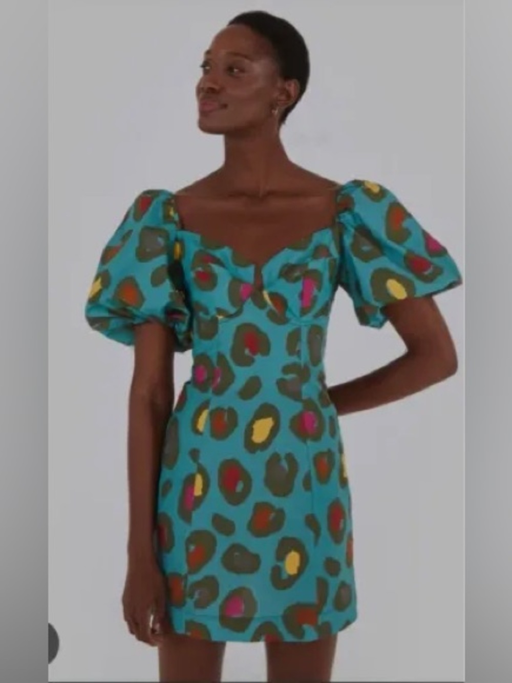 FARM Rio Turquoise Puff-Sleeve Mini Dress with Abstract Spot Print (121)